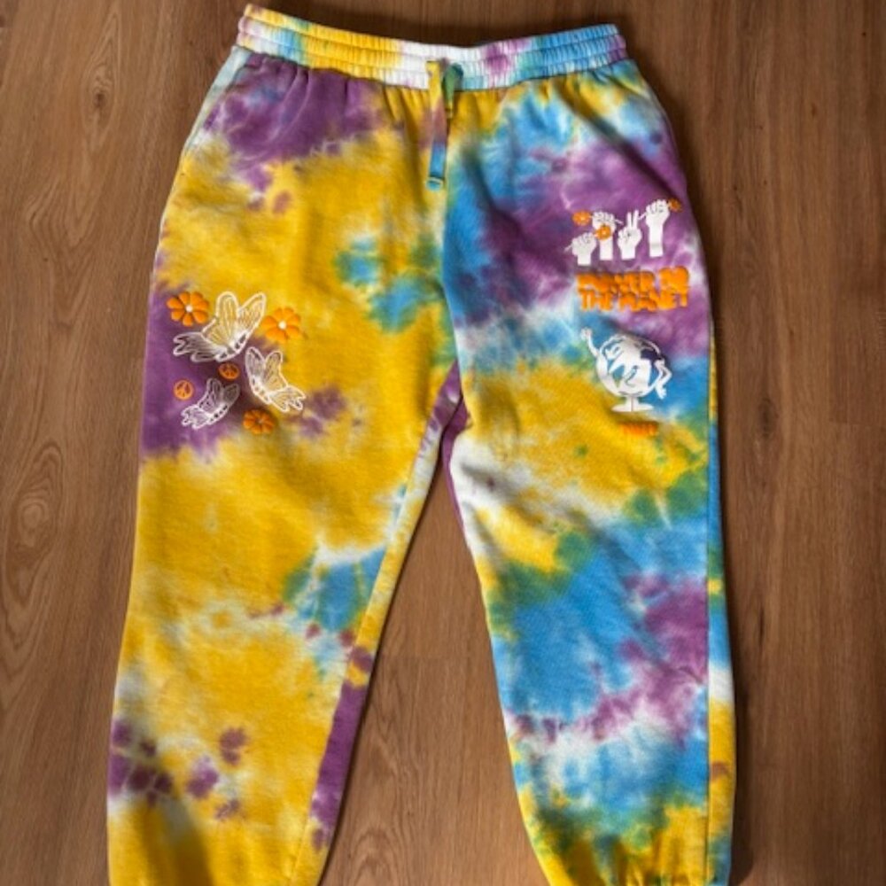 Neff Womens Tie Dyed "Power to the Planet" Peace Hippie Fleece Joggers EUC L